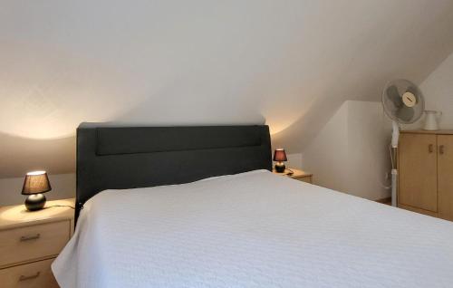 a bedroom with a white bed with two lamps and a fan at Lovely Home In Zermützel With Sauna in Zermützel