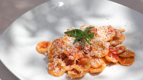 a white plate of pasta with cheese and a garnishment at Agriturismo il Vignaletto in Martina Franca