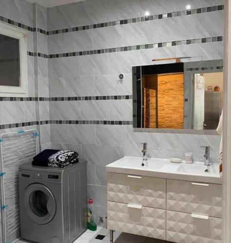 une salle de bain avec une machine à laver et un lavabo dans l'établissement T2 Spacieux Marseille centre ville, à Marseille