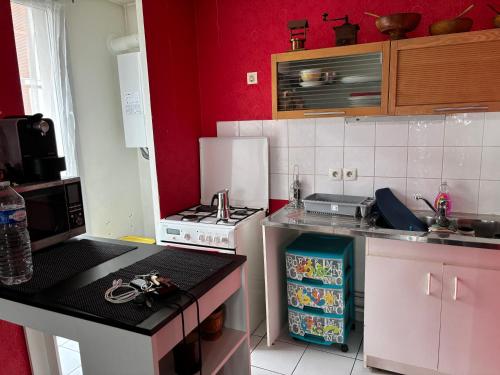 une cuisine avec une cuisinière blanche et des murs rouges dans l'établissement Petit appart, à Garges-lès-Gonesse