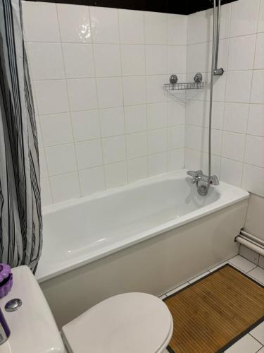 une salle de bain avec une baignoire blanche et des toilettes dans l'établissement Petit appart, à Garges-lès-Gonesse