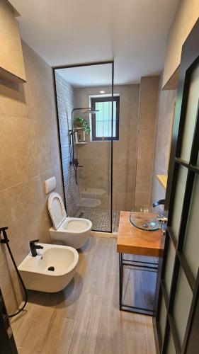 a bathroom with a toilet and a sink and a shower at UnionBNB Apartments in Tirana