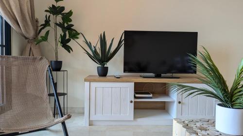 ein Wohnzimmer mit einem Fernseher auf einem Tisch mit Pflanzen in der Unterkunft LOS ALTOS sea view apartment in Finestrat