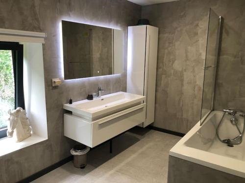 une salle de bain avec un lavabo blanc et un miroir dans l'établissement Séjour en pleine nature, à Romeyer