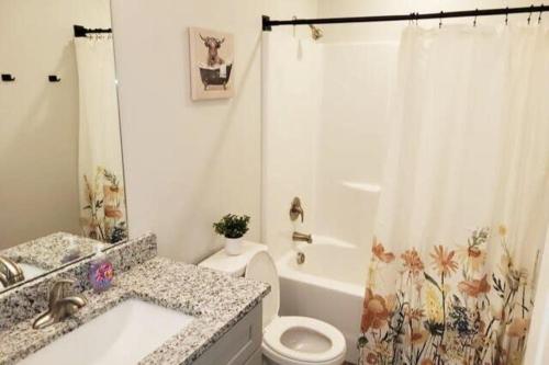 a bathroom with a sink and a toilet and a shower at The Meadowlark at Coventry Rows in Omaha