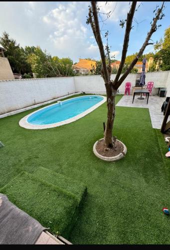 un arbre dans une cour à côté d'une piscine dans l'établissement Location maison avec piscine privée., à Agde