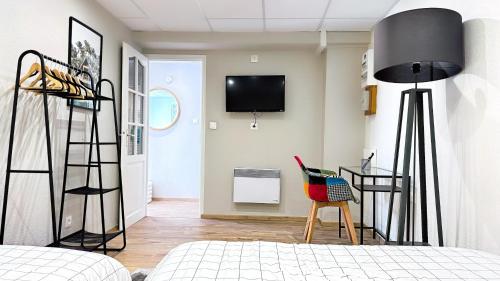 une chambre avec un lit et une télévision sur un mur dans l'établissement Suite Dalmate - Check in h24 - Wifi, à Lyon
