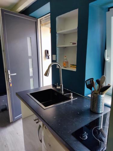 Una cocina con fregadero y una pared azul. en Studio au cœur de la Sologne, en Romorantin-Lanthenay