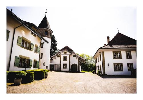 a group of white buildings with a driveway at B&B Château la Grande Riedera in Bonnefontaine