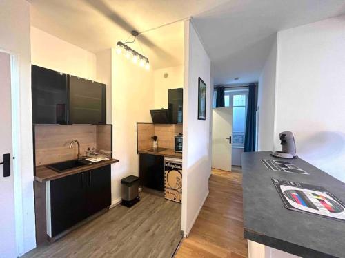 une cuisine avec un évier et un plan de travail dans l'établissement Magnifique T2 place de la cathédrale et passerelle, à Vienne