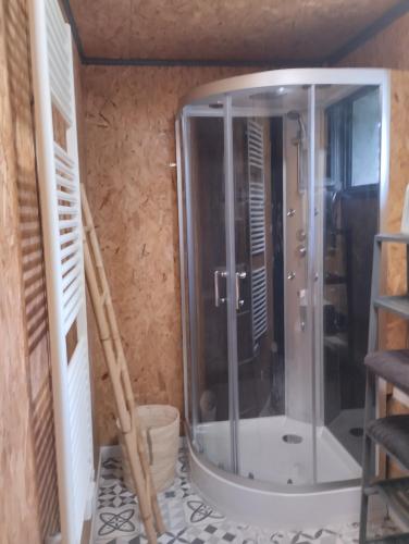 a shower with a glass door in a bathroom at Studio Cosy Boxes Chevaux en sus in Agnez-lès-Duisans