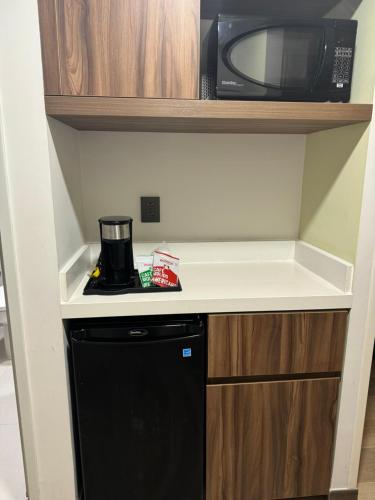 a kitchen with a microwave and a black dishwasher at Holiday Inn Express & Suites - Playa del Carmen by IHG in Playa del Carmen