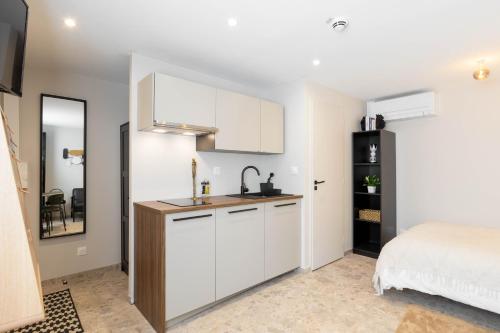 a kitchen with a sink and a bed in a room at Appart Hôtel Coraline - Genas Lyon Eurexpo in Genas