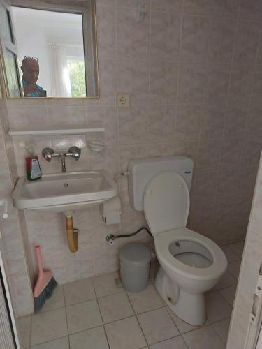 a bathroom with a toilet and a sink and a mirror at Rose Pension in Dalyan