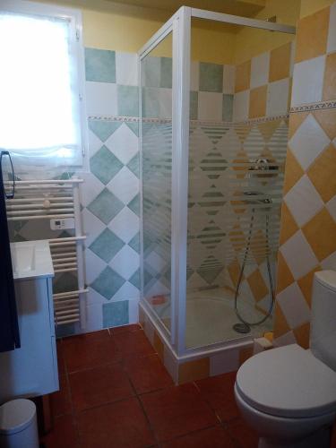 une salle de bain avec douche et toilettes dans l'établissement Havre de paix au cœur du Sud appartement cosy climatisé piscine privée entre mer et trésors du Languedoc, à Puissalicon