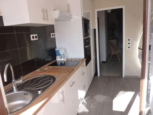 une cuisine avec un évier et un comptoir dans l'établissement Appartement Climatisé avec Vue Mer et Montagne, à Banyuls-sur-Mer