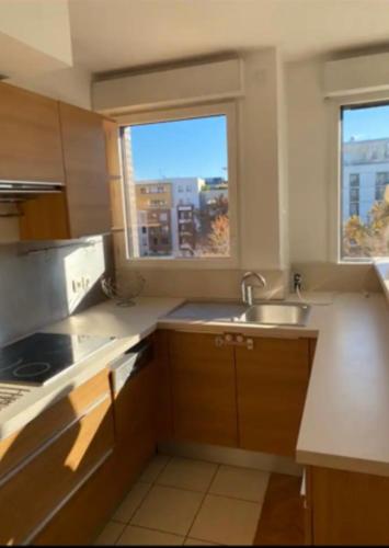 une cuisine avec un évier et une fenêtre dans l'établissement Stylish cosy appt, à Asnières-sur-Seine