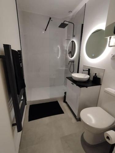 une salle de bain blanche avec des toilettes et un lavabo dans l'établissement Le Carrette - Mourillon Cosy T2 proche plages, à Toulon
