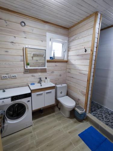 a bathroom with a toilet and a washing machine at Дом Дискавери семейный у моря! in Chornomorsk
