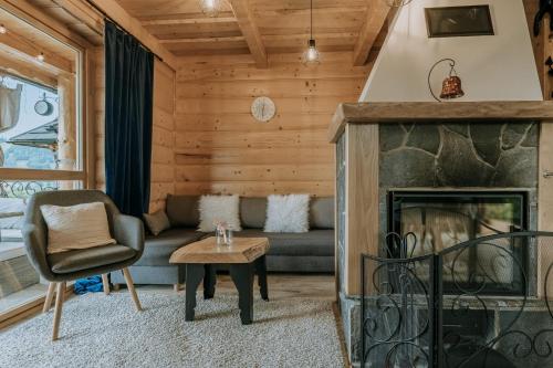 a living room with a couch and a fireplace at Zacisze Galicove in Zakopane