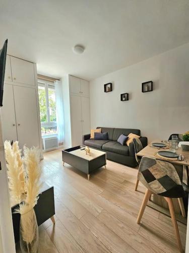 un salon avec un canapé et une table dans l'établissement Appartement en bords de Seine proche de Paris, à Alfortville