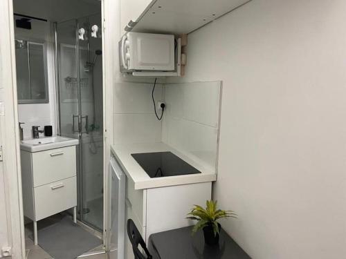 Il comprend une petite cuisine blanche avec un évier et un four micro-ondes. dans l'établissement Petit studio rénové à la place Comédie, à Montpellier