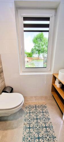 a bathroom with a toilet and a window at Biały Port in Rajgród
