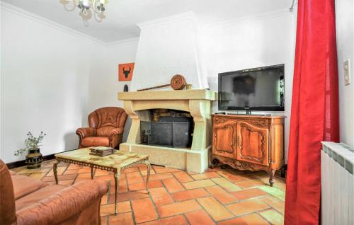 un salon avec une cheminée et une télévision dans l'établissement Cozy Home In Fournès With Wifi, à Fournès