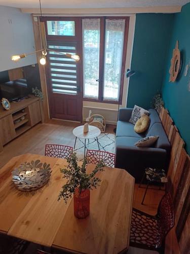 un salon avec un canapé et une table dans l'établissement Maison cœur de village, à La Salvetat-sur-Agout