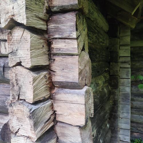 a stack of logs on the side of a building at Tiny Cozy House in Pärispea