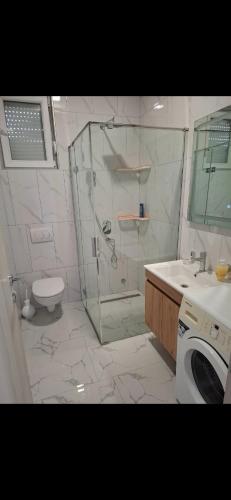 a bathroom with a shower and a toilet and a sink at Stan Milacic in Sutomore