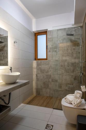 a bathroom with a shower and a toilet and a sink at Kastri Hill Luxury Villas in Palekastron