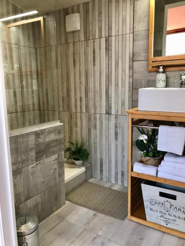 une salle de bain avec une douche, un lavabo et une baignoire dans l'établissement A 15mn des plages, beau duplex à Perpignan, à Perpignan