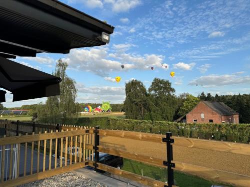 a bunch of balloons are flying in the sky at Welkomhoeve in Grobbendonk