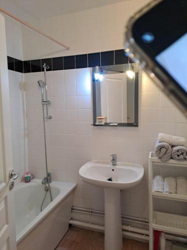 La salle de bains est pourvue d'un lavabo, d'une douche et d'une baignoire. dans l'établissement Blanche apparemment, à Orléans