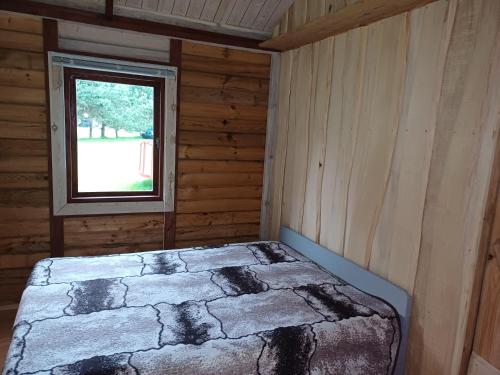 a room with a bed in a cabin with a window at Pas danielius in Ramučiai