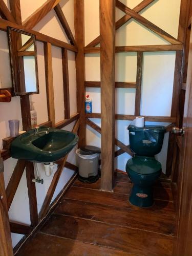 a bathroom with a green toilet and a sink at Casa de Colores in El Zonte