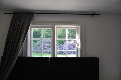 a window with purple flowers in a room at långstorp höör huvudbyggnad v flygel in Höör