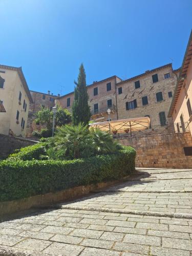 a brick walkway with bushes in front of a building at LaStamperia19 Camere-Rooms in Montepulciano