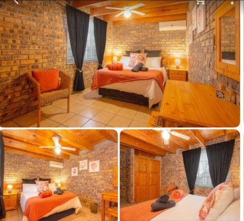 Una habitación con dos camas y una pared de ladrillo. en Ton & Trees, en Marloth Park