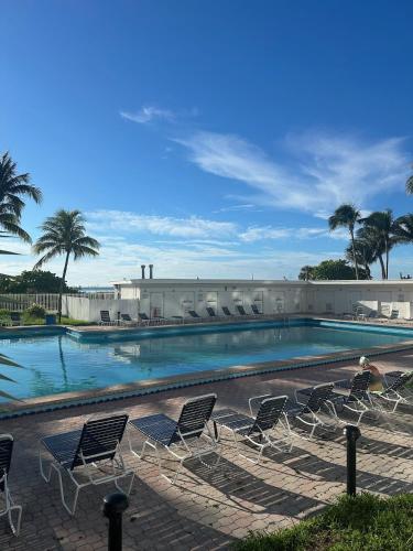 een groot zwembad met stoelen en palmbomen bij Casablanca on the beach in Miami Beach