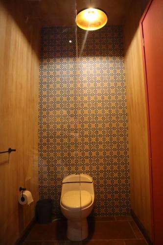 a bathroom with a white toilet in a room at Casa Hala LOFT & SPA LUXURY in León