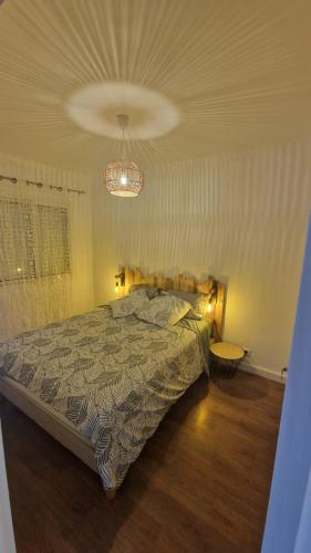 une chambre avec un lit et un lustre dans l'établissement Appartement en bord de plage - à 50 m de la mer, à Canet
