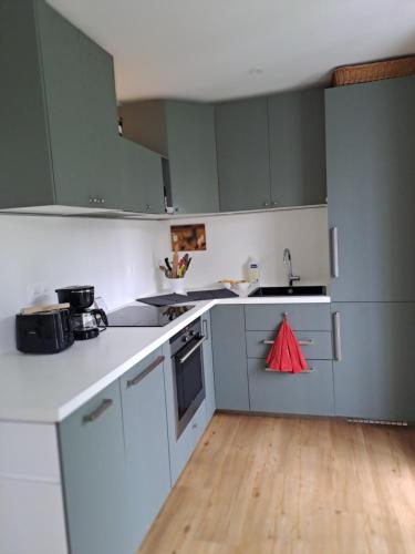 une cuisine avec des armoires blanches et un plancher en bois dans l'établissement A 800 m de la grande plage et du centre ville, à Biarritz