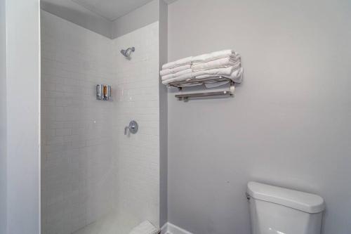 a bathroom with a shower and a toilet and towels at Goose Island Central Downtown Prime Location with access to patio CHI - 1 in Chicago