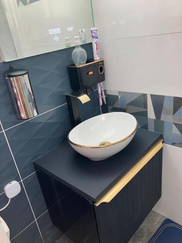 La salle de bains est pourvue d'un lavabo sur un comptoir noir. dans l'établissement Studio Colonel MOLL, à Vaires-sur-Marne