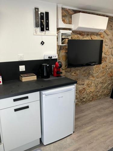 Il comprend une cuisine équipée d'un réfrigérateur blanc et une télévision. dans l'établissement Studio Colonel MOLL, à Vaires-sur-Marne