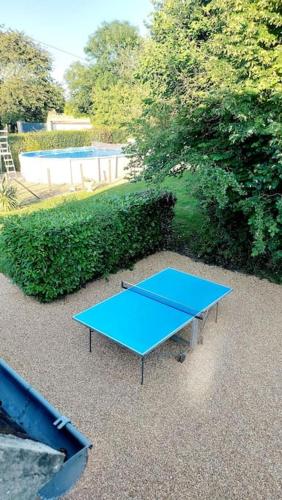 a blue ping pong table in front of a hedge at Maison familiale dans le Perche in Val-au-Perche