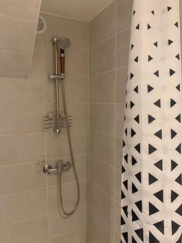 une douche avec un rideau de douche dans une salle de bain dans l'établissement 'StudioCDG fr' Cerisier, Studio proche near CDG Roissy airport, Parc Expositions, Stade de France, Arena, Disney, Asterix, à Villepinte