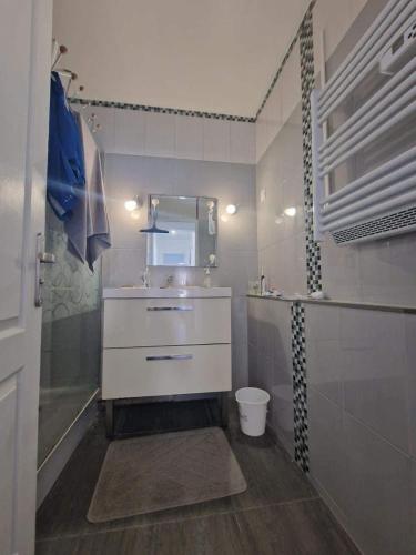 une salle de bain avec un lavabo et un miroir dans l'établissement T5 4 chambres, à Marseille